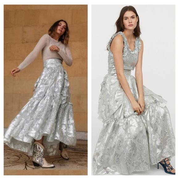 H&M Conscious Exclusive Collection Flounced Skirt Silver Maxi Blogger Size 4 - Picture 2 of 12